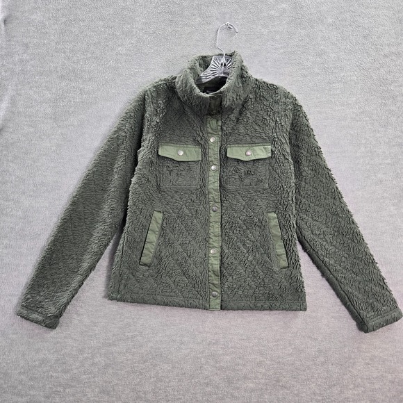 Marmot Women Sweatshirt Small Green Teddy Fuzzy Snaps Mock Neck Pockets - Picture 1 of 12